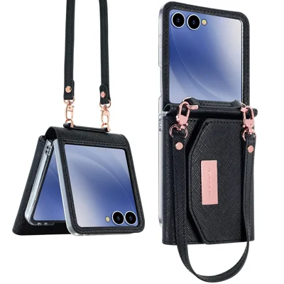 For Samsung Galaxy Z Flip7 5G Wallet Case PU + PC Shockproof Phone Cover with Wrist Strap - Black