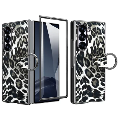 For Samsung Galaxy Z Fold6 5G Case Leopard Pattern PU PC Phone Cover with Tempered Glass Film / Ring Holder - Black