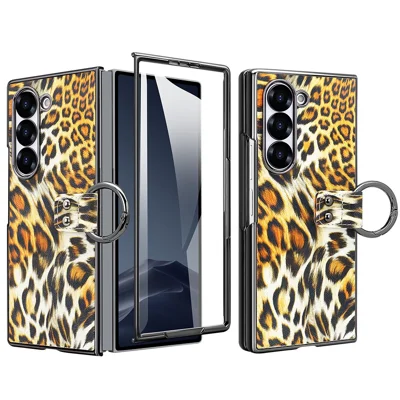 For Samsung Galaxy Z Fold6 5G Case Leopard Pattern PU PC Phone Cover with Tempered Glass Film / Ring Holder - Yellow