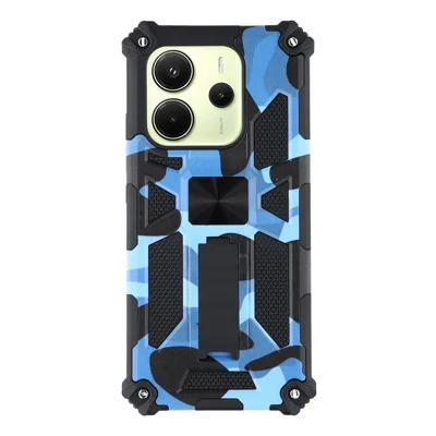 For Xiaomi Redmi Note 14 4G (163.25mm) / Note 14 5G Case Kickstand PC+TPU Camouflage Military Grade Phone Cover - Camouflage Blue