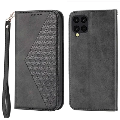 Imprinted Rhombus Pattern Phone Case For Samsung Galaxy A12, Calf Texture PU Leather Drop-proof Phone Cover Wallet Stand with Strap - Black
