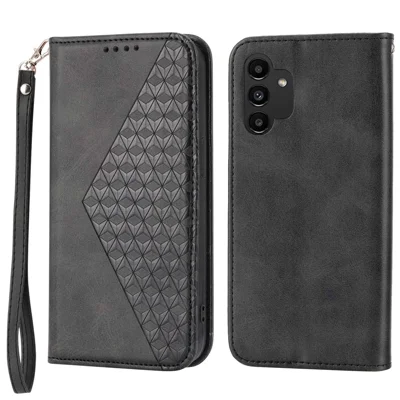 For Samsung Galaxy A32 5G / M32 5G Shockproof Calf Texture Wallet Stand Phone Case PU Leather Imprinted Rhombus Pattern Protective Phone Cover with Strap - Black