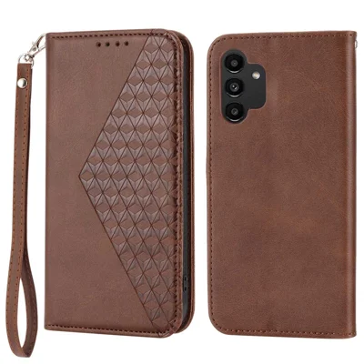 For Samsung Galaxy A32 5G / M32 5G Shockproof Calf Texture Wallet Stand Phone Case PU Leather Imprinted Rhombus Pattern Protective Phone Cover with Strap - Brown