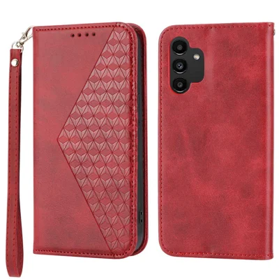 For Samsung Galaxy A32 5G / M32 5G Shockproof Calf Texture Wallet Stand Phone Case PU Leather Imprinted Rhombus Pattern Protective Phone Cover with Strap - Red