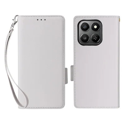 For Honor 400 Smart 5G / 4G / X7d 4G Case with Wrist Strap Litchi Texture PU Leather Wallet Phone Cover - White