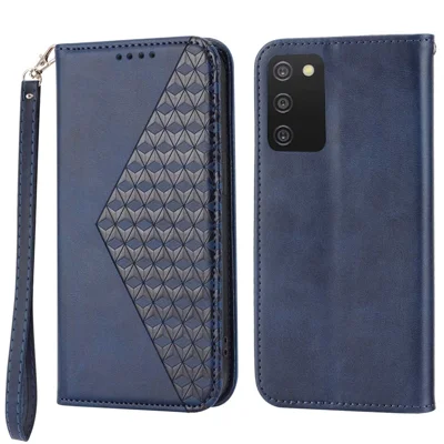 Telefoonportemonnee voor Samsung Galaxy A03s (164,2 mm) Kalfsstructuur PU-leer stand imitatie Ruitpatroon telefoonhoesje met riem - Blauw