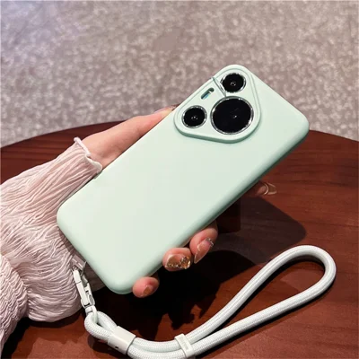 For Huawei Pura 70 Pro Case Precise Cutouts Liquid Silicone + PC Phone Cover with Wrist Strap - Light Green
