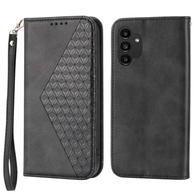 For Samsung Galaxy A13 4G / A13 5G / A04s 4G (164.7mm) Leather Wallet Case Imprint Rhombus Calf Texture Phone Stand Cover with Strap - Black