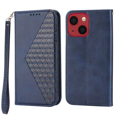 Kalbstextur PU Leder Hülle Für Iphone 13 6,1 Zoll, Magnetische Brieftasche Eingeprägter Rhombusmuster Telefonständer Mit Riemen - Blau