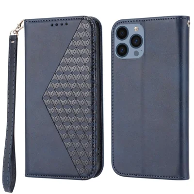 Imprinted Rhombus Pattern Phone Stand Cover for iPhone 13 Pro 6.1 inch, Calf Texture PU Leather Case Magnetic Wallet with Strap - Blue