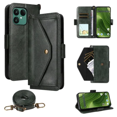 For Fairphone 6+ / Fairphone 6 Leather Case Magnetic Closure Wallet Stand Phone Cover with Crossbody Strap - Green