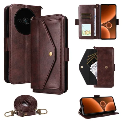 For Oukitel C59 Pro Leather Case Magnetic Closure Wallet Stand Phone Cover with Crossbody Strap - Brown