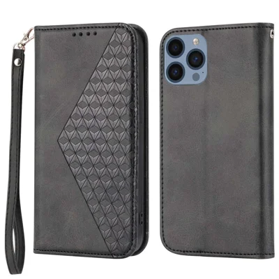 For iPhone 14 Pro Calf Texture Wallet Imprinted Rhombus Pattern Phone Stand PU Leather Case Magnetic Cover with Strap - Black