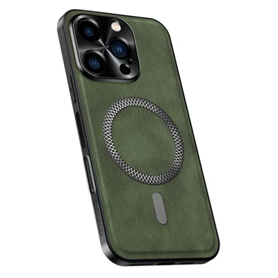 Voor iPhone 16 Pro-hoesje, compatibel met MagSafe, PU TPU PC telefoonhoesje met metalen lensframe - Groen