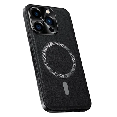 For iPhone 15 Pro Max Case Compatible with MagSafe PU TPU PC Phone Back Cover with Metal Lens Frame - Black