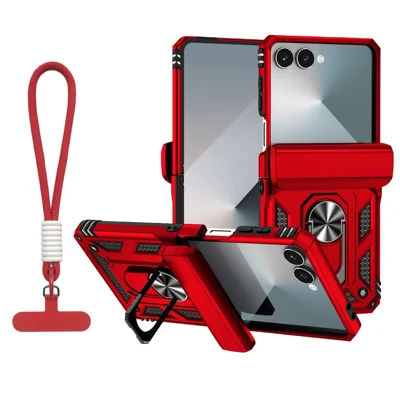 For Samsung Galaxy Z Flip7 5G Case with Wrist Strap / Kickstand Hinge Protection PC + TPU Phone Cover - Red