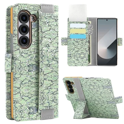 For Samsung Galaxy Z Fold6 5G Wallet Case RFID Blocking PU + PC + Tempered Glass Phone Cover with Wrist Strap - Green