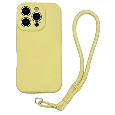 For iPhone 14 Pro Max Case Precise Cutouts Liquid Silicone + PC Phone Cover with Wrist Strap - Light Yellow