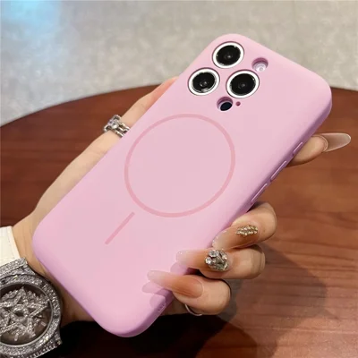 For iPhone 16 Pro Magnetic Case Skin Touch Liquid Silicone PC Shockproof Phone Cover - Pink