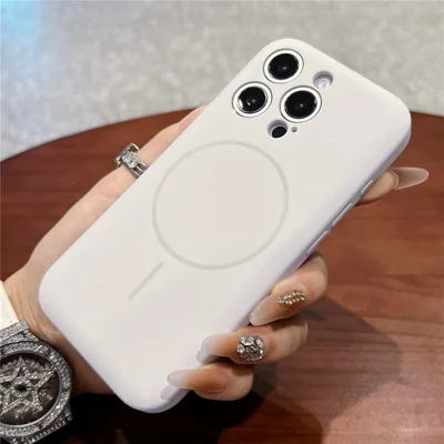For iPhone 16 Pro Max Magnetic Case Skin Touch Liquid Silicone PC Shockproof Phone Cover - White