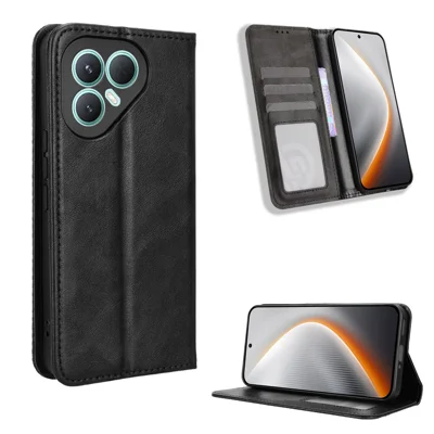 For TECNO Pova 7 Pro 5G Leather Case Wallet Stand Retro Texture Phone Cover - Black