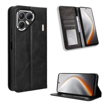 For TECNO Pova 7 5G Leather Case Wallet Stand Retro Texture Phone Cover - Black