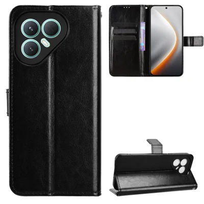 For TECNO Pova 7 Pro 5G PU Leather Case with Strap Crazy Horse Texture Phone Wallet Cover - Black