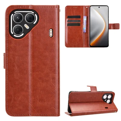For TECNO Pova 7 5G PU Leather Case with Strap Crazy Horse Texture Phone Wallet Cover - Brown