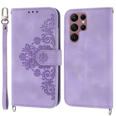 Multiple Card Slots Phone Case For Samsung Galaxy S22 Ultra 5G, Imprinted Flowers PU Leather Flip Stand Skin-touch Cell Phone Cover with Wrist and Shoulder Strap - Light Purple