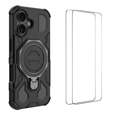 WANLONFENG For iPhone 16 Case Kickstand with 2Pcs Screen Film  KJ Series PC TPU Phone Cover (Big Lens Hole) - Black