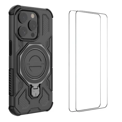 WANLONFENG For iPhone 15 Pro Max Case Kickstand with 2Pcs Screen Film  KJ Series PC TPU Phone Cover (Big Lens Hole) - Black