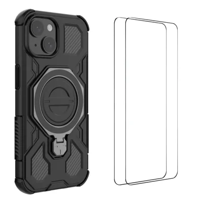 WANLONFENG For iPhone 15 Case Kickstand with 2Pcs Screen Film  KJ Series PC TPU Phone Cover (Big Lens Hole) - Black