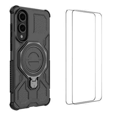 WANLONFENG For Samsung Galaxy S25 Edge Case Kickstand with 2Pcs Screen Film  KJ Series PC TPU Phone Cover (Big Lens Hole) - Black