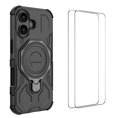 WANLONFENG For iPhone 17 Case Kickstand with 2Pcs Screen Film  KJ Series PC TPU Phone Cover (Big Lens Hole) - Black