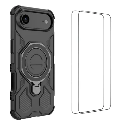 WANLONFENG For iPhone Air Case Kickstand with 2Pcs Screen Film  KJ Series PC TPU Phone Cover (Big Lens Hole) - Black