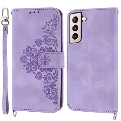 For Samsung Galaxy S22 5G Skin-friendly Imprinted Flowers PU Leather Phone Case Stand Multiple Card Slots Protective Phone Cover with Wrist Strap and Shoulder Strap - Light Purple