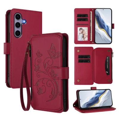 For Samsung Galaxy S25 / Galaxy S24 Leather Case Butterfly Floral Imprint Zipper Wallet Stand Cover with Wrist Strap - Wine Red