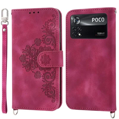 PU Leather Flip Phone Case For Xiaomi Poco X4 Pro 5G, Imprinted Flowers Multiple Card Slots Skin-touch Anti-drop Smartphone Cover Wallet Stand with Straps - Wine Red