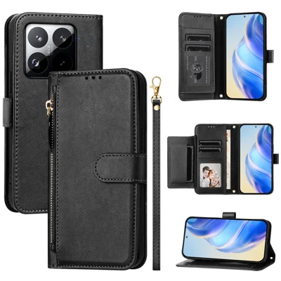 For Xiaomi 15T Case Zipper Pocket Multiple Card Slots Leather Phone Cover - Black