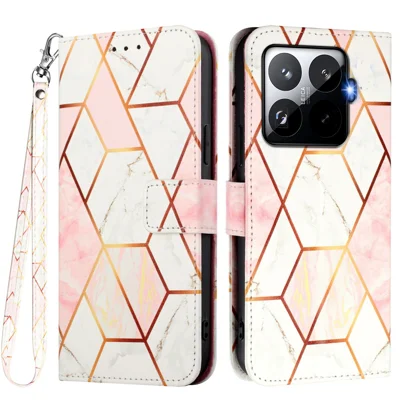 Voor Xiaomi 15T Pro hoesje met riempje Marmeren patroon Lederen telefoonhoesje met kaarthouder - Roze / Wit LS002