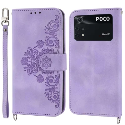 Telefoncase med flere kortslots til Xiaomi Poco M4 Pro 4G, præget blomstermønster i PU-læder stående hylde med berøringsbeskyttelse mod ridser med håndledsrem og skulderrem - lyserosa