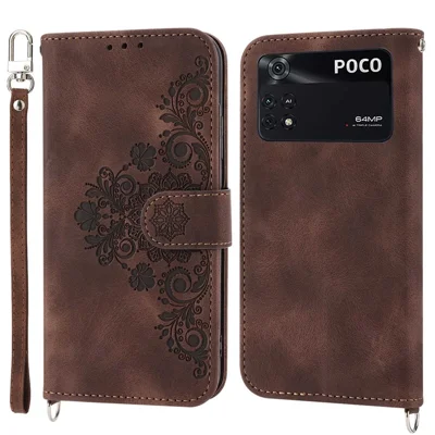 Multiple Card Slots Phone Case For Xiaomi Poco M4 Pro 4G, Imprinted Flowers PU Leather Stand Skin-touch Anti-scratch Phone Cover with Wrist Strap and Shoulder Strap - Brown