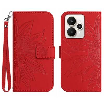 For Realme 15 5G / Realme 15 Pro 5G Case Sunflower Imprint Leather Wallet Phone Cover with Wrist Strap - Red