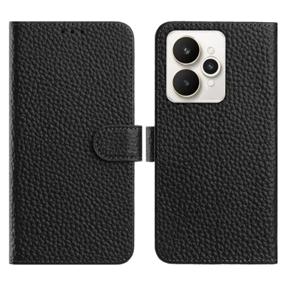 For Realme 15 5G / Realme 15 Pro 5G Case Wallet Stand Litchi Texture Genuine Cow Leather Flip Phone Cover - Black