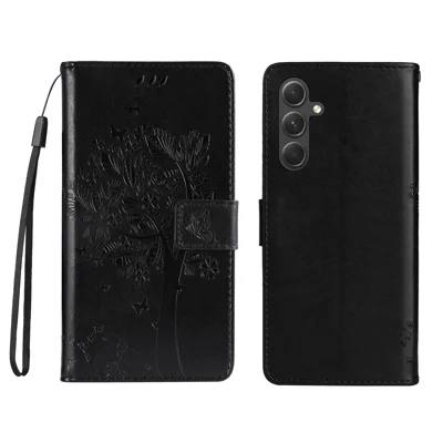 For Samsung Galaxy A55 5G Phone Case with Stand Cat Tree Pattern Leather Wallet Mobile Cover -  Black