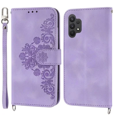 Drop-proof Phone Case for Samsung Galaxy A32 4G (EU Version), Skin-touch Imprinted Flowers Pattern Multiple Card Slots Stand Wallet Phone Cover with Wrist and Shoulder Straps - Light Purple
