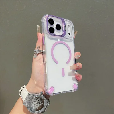 For iPhone 18 Pro Max / 17 Pro Max Magnetic Case TPU PC Clear Kickstand Phone Cover with Tempered Glass Lens Films - Light Purple