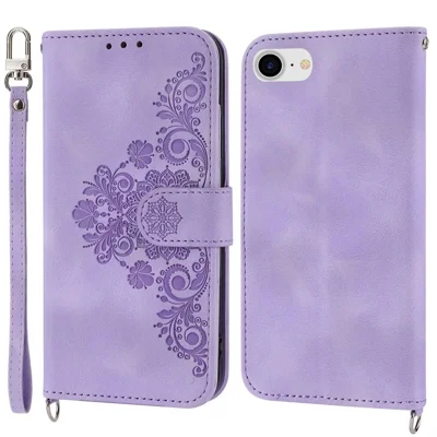 Для iPhone 8 / 7 / SE (2020) / SE (2022) Imprinted Flowers Pattern Skin-touch Leather Shell Case Stand Wallet Cover with Wrist Strap and Shoulder Strap - Light Purple
