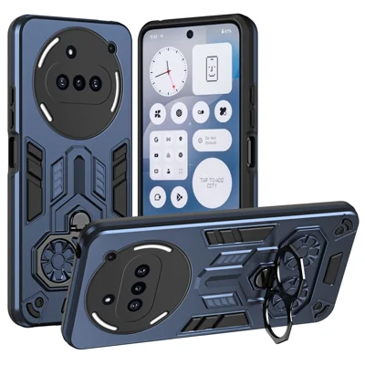 For Nothing Phone (3a) Case Ring Holder Kickstand PC + TPU Shockproof Phone Cover - Navy Blue