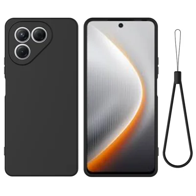 For TECNO Pova 7 Neo 4G Liquid Silicone Case Phone Back Cover with Hand Strap - Black